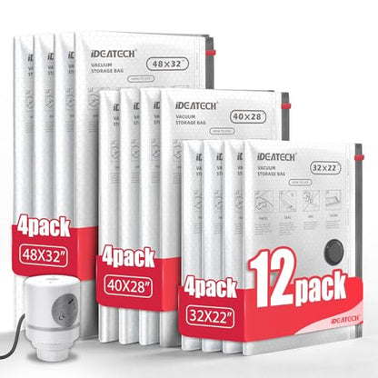 12Pack Vacuum Storage Bags with Electric Pump, Jumbo Vacuum Seal Bags for Clothing, Bedding & Blankets, Heavy Duty Compression Space Saver Bags with Airtight Seal, Seasonal Storage-4M+4L+4XL