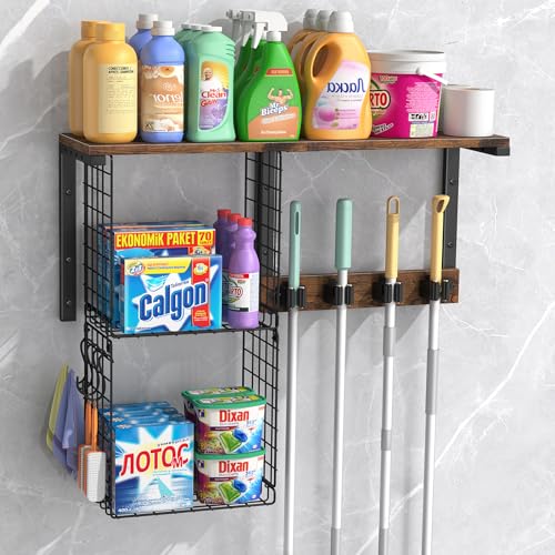 Housolution Wall Mount Broom Holder Laundry Room Storage Organizer Shelves | Thickened Metal Frame, 100 LBS High Load-Bearing, Large Capacity, Multifunctional with 2 Baskets, 4 Grippers & Hooks