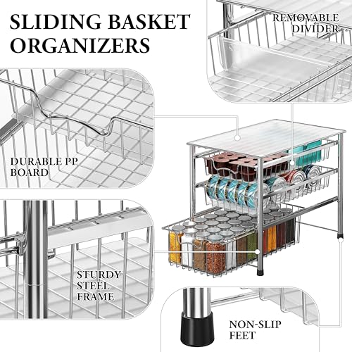Simple Houseware Stackable 3 Tier Sliding Basket Organizer Drawer, Chrome