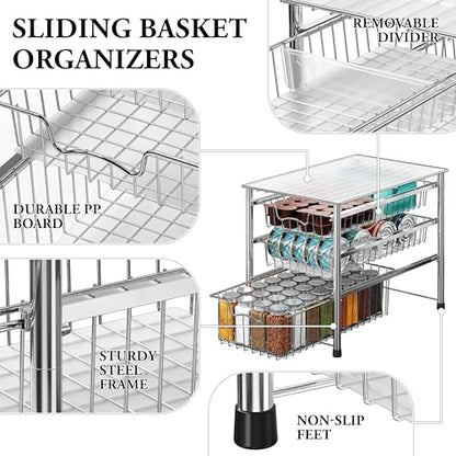 Simple Houseware Stackable 3 Tier Sliding Basket Organizer Drawer, Chrome