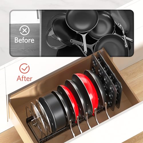 Pots and Pans Organizer under Cabinet, 11.8-22.8" 12 Dividers Black | Extends 11.8-22.8", Holds pot lids, pans, cookware and bakeware, Adjustable dividers, for under cabinet or countertop