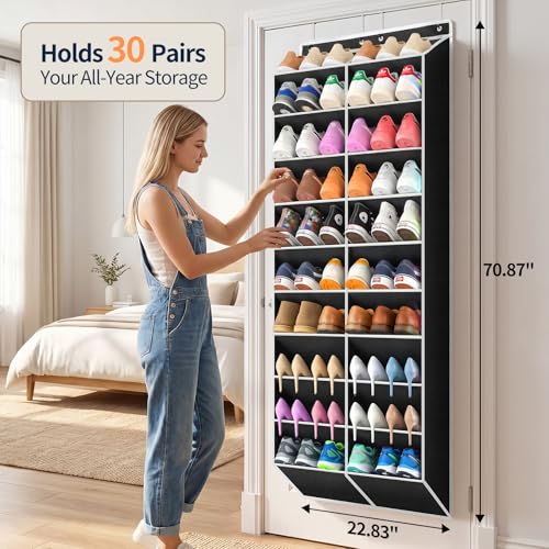 Yecaye 30 Pairs Over the Door Shoe Organizer, Large Capacity Hanging Shoe Rack for Door Hanger with Deep Pockets, Heavy Duty 10 Tier Shoe Holder for Sneakers Boots Heels College Dorm Essentials, Black