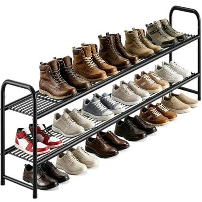 AOODA Long 2 Tier Shoe Rack for Closet Metal Wide Stackable Shoe Storage Organizer for Entryway, Bedroom, Floor, 18-Pairs Low Shoe Shelf, Black