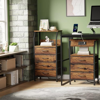 Night Stand with Charging Station, 3 Fabric Drawers Bedside Table | Rustic Brown Dorm Nightstand For Bedroom, 28.3 Inch Tall, Usb Ports & Outlets, Side Table with Storage Shelf, 3 Ways to Use