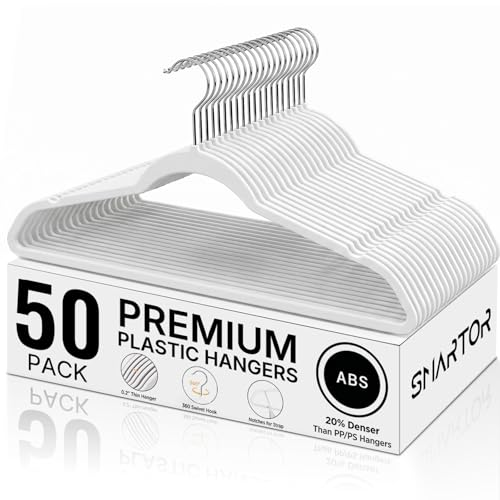 Plastic Hangers 50 Pack - Thin Clothes Hangers Heavy Duty | Durable, Lightweight, Space Saving, Slim Hangers Plastic, Dorm Room Essentials for College Students - White
