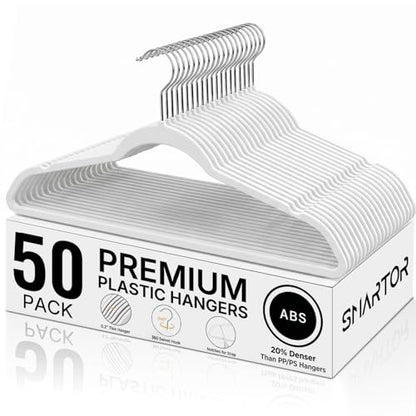 Plastic Hangers 50 Pack - Thin Clothes Hangers Heavy Duty | Durable, Lightweight, Space Saving, Slim Hangers Plastic, Dorm Room Essentials for College Students - White