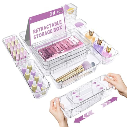14 Pcs Clear Drawer Organizer, Adjustable Drawer Storage Box, 3-Size Desk Drawer Organizer, Acrylic Storage Bins for Makeup, Cosmetic, Kitchen Utensils, Bedroom Dressers Tool Organizer for Gadgets