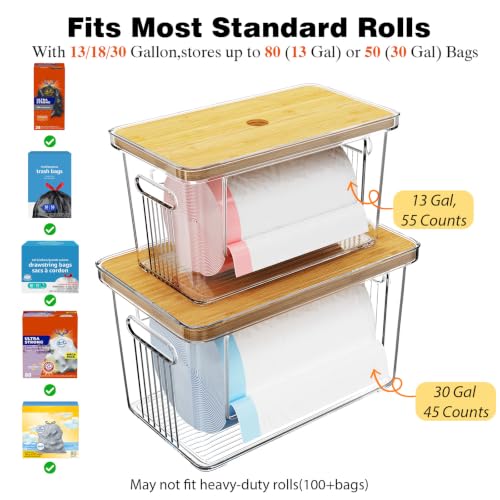 2 Pack Trash Bag Holder with Bamboo Lid for Laundry & Dishwasher Pods, Acrylic Trash Bag Dispenser Roll Containers Under Sink, Plastic Container Garbage Bags Storage Organizer for Kitchen,Cabinet, Pod
