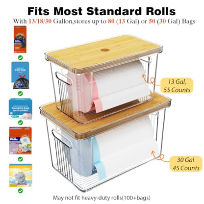 2 Pack Trash Bag Holder with Bamboo Lid for Laundry & Dishwasher Pods, Acrylic Trash Bag Dispenser Roll Containers Under Sink, Plastic Container Garbage Bags Storage Organizer for Kitchen,Cabinet, Pod