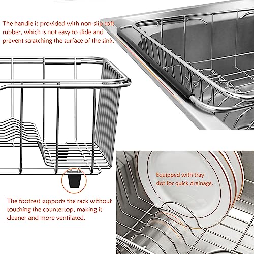 NiuYichee Stainless Steel Dish Drying Rack(15"L X 11"W X 4.1"H), Expandable Fruit & Vegetable Drain Rack over Sink, Dish Drainer Rack in Sink, with Stainless Steel Utensil Holder & Silicone Mat(16")