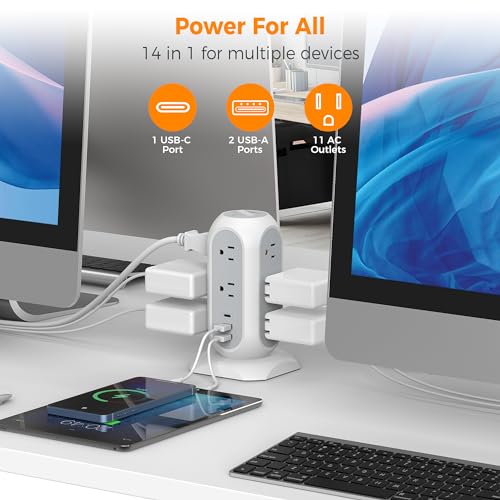 TESSAN Tower Power Strip Flat Plug with 1050J Surge Protection, 6 Ft, Grey | 11 Outlets 3 USB (1 USB C), Surge Protector Power Tower, Extension Cord with Multiple Outlets, Dorm, Office Desk Supplies