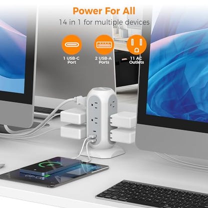 TESSAN Tower Power Strip Flat Plug with 1050J Surge Protection, 6 Ft, Grey | 11 Outlets 3 USB (1 USB C), Surge Protector Power Tower, Extension Cord with Multiple Outlets, Dorm, Office Desk Supplies