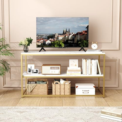 Function Home TV Stand for TVs up to 50 Inch, 2 Tier Entertainment Center, Modern TV Cabinet with Marble Top and Gold Metal Base, 42" Media Console Table with Storage for Living Room Bedroom