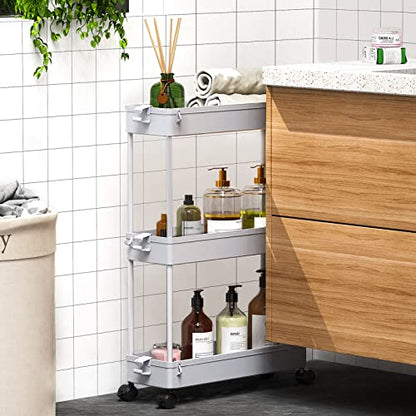 SPACEKEEPER Slim Rolling Storage Cart, 3 Tier Bathroom Cart Organizer, Gray | Narrow Rolling Cart with Wheels for Kitchen Office Bathroom Laundry Room,Mobile Utility Cart for Craft Art Makeup Nail Polish