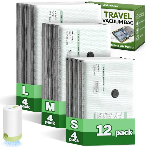 9+3 Packs Vacuum Bags for Travel with Rechargeable... (12 Count | Green)