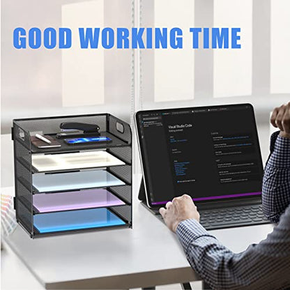5 Trays Paper Organizer Letter Tray with Handle-Mesh Desk File Holders, Paper Sorter Desk Organizer for Office, Home, Classroom or School