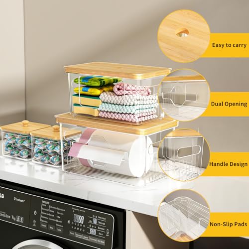 4 Pack Trash Bag Holder with Bamboo Lid, Stackable Garbage Bag Dispenser Under Sink, Storage Organizer for Kitchen, Laundry, Pantry (S+S+M+L)