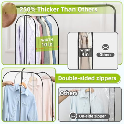 LANDNEOO 6 Pack Clear Garment Bags for Hanging Clothes with Zippers on Double Sides - 10'' Clothes Storage for Coat, Dress, and Fur in Closet - 40'' Long Suit Bags