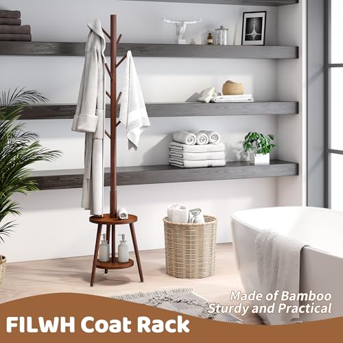 Freestanding Coat Rack with Umbrella Organizer Tray Bamboo Coat Tree Rack with 8 Hook Stand for Clothes Bag Hats Entryway Hanger Stand(Brown)