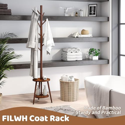 Freestanding Coat Rack with Umbrella Organizer Tray Bamboo Coat Tree Rack with 8 Hook Stand for Clothes Bag Hats Entryway Hanger Stand(Brown)