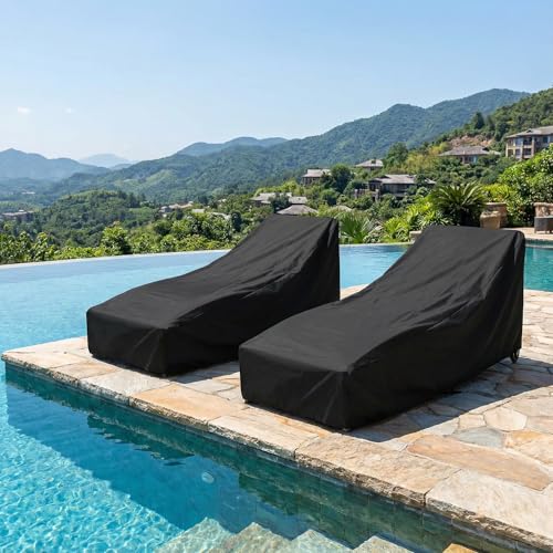 2 PCS Patio Chaise Lounge Cover Waterproof, Patio Lounge Chair Protector with Windproof Straps, Black Durable Patios Furniture Covers for Outside Stackable Cushions and Outdoor Furniture (83×30×32in)