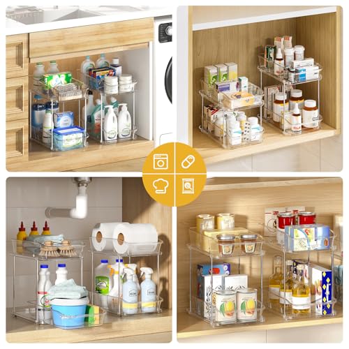 Delamu Bathroom Under Sink Organizers and Storage, 2 Pack, Clear | 2-Tier Multi-Purpose, Stackable, Pull Out Cabinet Kitchen Pantry Organization and Storage with Dividers
