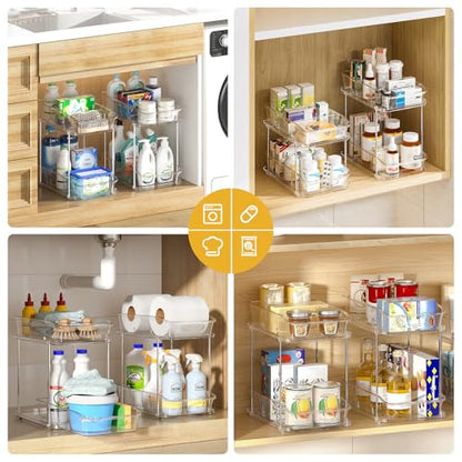 Delamu Bathroom Under Sink Organizers and Storage, 2 Pack, Clear | 2-Tier Multi-Purpose, Stackable, Pull Out Cabinet Kitchen Pantry Organization and Storage with Dividers