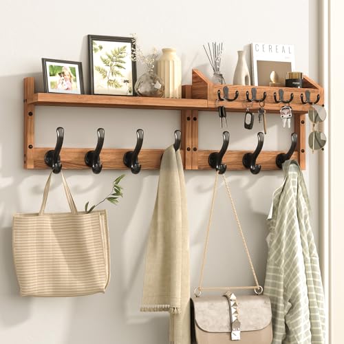 29" Coat Rack Wall Mount with Shelf & 11 Hooks, En... (Brown | Pine)