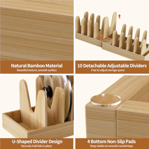 Housolution Bamboo Pot and Pan Lid Organizer Holder Storage Rack | 15"-29" Expandable, 10 Adjustable Dividers, Upgrade Solid Wooden Base, Easy Assembly