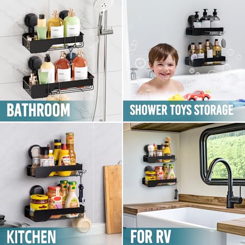TAILI Shower Caddy Suction Cup Rustproof Metal Visible indicator Black | 2 Pack Rustproof,No Drilling Wall Mounted Basket, Upgraded Removable Suction Cup Bathroom Organizer Heavy Duty Shampoo