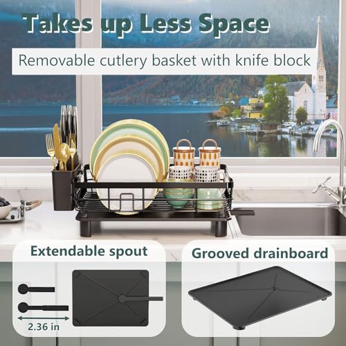 AIDERLY Metal Dish Drying Rack Automatic Drainage, Black, Large | Removable Cutlery Basket, Drainboard & Knife Slots, Dish Drainers, for Kitchen Counter Sink