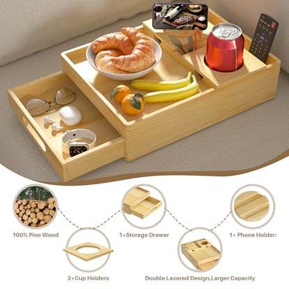 Couch Cup Holder 7-in-1 Couch Tray Sofa Side Table with Push-Pull Drawer