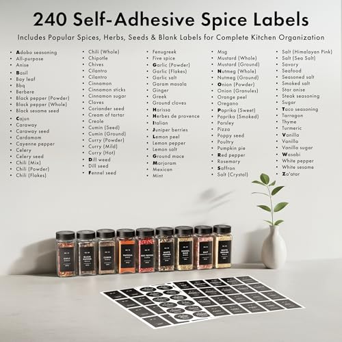 Glass Spice Jars with Label, Seasoning Set, 24x Black Steel Lids