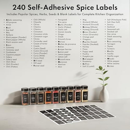Glass Spice Jars with Label, Seasoning Set, 24x Black Steel Lids