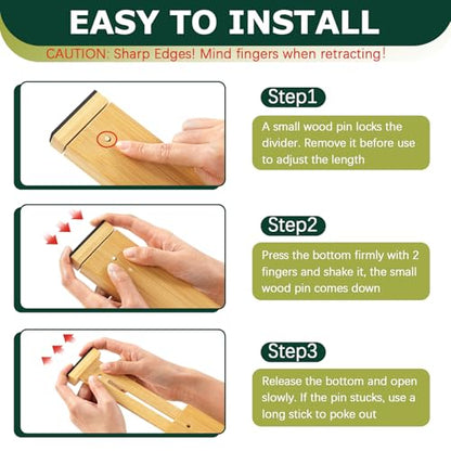 Kitchen Drawer Dividers 6 Pack Bamboo Drawer Organizers | 17-22" Adjustable, Spring Loaded, Expandable Utensil Organizer, Works in Kitchen, Dresser, Closet, Bathroom, Bedroom