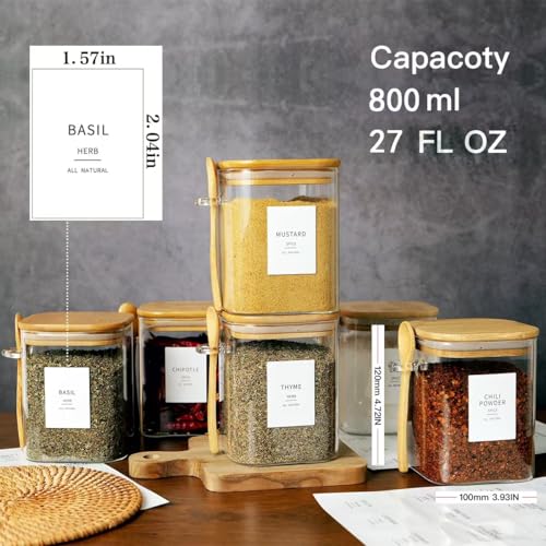 HHMJSM 6 Pcs Square Glass Jar with Bamboo Lid and Spoon - 27 oz Large Sugar Container with 148 Kitchen Pantry Spice Jar Labels Preprinted - Glass Containers with Wooden Lids Hold Coffee, Tea, Candy