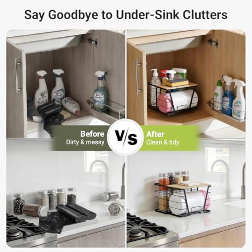 Trash Bag Dispenser 2 in 1 Under Sink Organizer, Garbage Bag Roll Holder | with Bamboo Lid, Fits 13/30/33 Gal Large Bag Roll, Open Back Storage for Tall Bottles, for Kitchen, Bathroom, Laundry Room