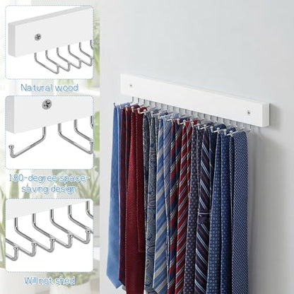 2 Pcs Tie Rack Wall Mounted, Wooden Tie Belt Organizer with 40 Hooks Non Slip 180 Degree Space Saving Hangers with Screws for Ties, Keys, Scarves, Tops, Belt, Bags (White)