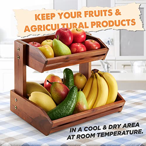 Acacia 2 Tier Fruit Basket for Kitchen Counter Organizer – Wooden Fruit Bowl & Wooden Basket for Kitchen Counter Storage, Vegetable & Produce Storage, Snack Organizer for Countertop (Acacia)
