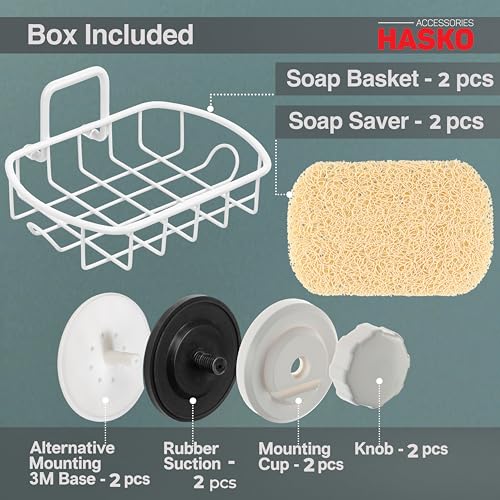 HASKO Suction Cup Soap Dish for Shower Wall, Rustproof Stainless Steel Shower Soap Holder with Hooks for Bathroom, Includes Optional No Drill Adhesive Mount and Soap Savers, 2 Pack, White