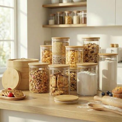 32 oz Round Glass Food Storage Containers with Airtight Bamboo Lids, 4 Pack | Stackable Pantry Jar for Flour, Sugar & Rice, Durable Borosilicate Glass Canister Keep Food Dry & Fresh, Easy to Fill & Clean