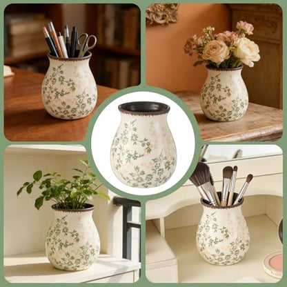 Rustic Ceramic Utensil Holder for Kitchen Counter Farmhouse Cooking Utensil Crock Vintage Kitchen Utensil Organizer Spatula Spoon Holder for Countertop Kitchen Decor (Springtime Green Vine)