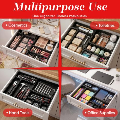 Masirs Interlocking Drawer Organizer Bins 8 Pcs, Desk Drawer Tray Set | Tool Box Organizer Tray, Kitchen Office Garage, Modular Plastic, 3 Sizes (2 Lg 3 Med 3 Sm), Black, Custom Layout