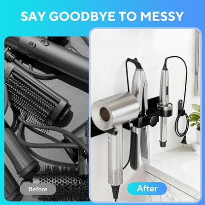 Hair Dryer Holder Wall Mounted with Cord Organizer, Curling Iron Holder | Hair Straightener Holder, Bathroom Hair Tool Organizer and Storage, Metal Blow Dryer Holder Rack for Most Dryers