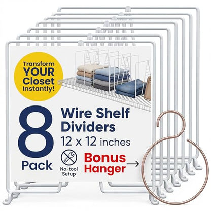 White Wire Shelf Dividers for Closet Organization – 8-Pack – Sturdy and Easy Set-Up Closet Shelf Dividers with Bonus Rose Gold Hanger – 12 inches x 12 inches