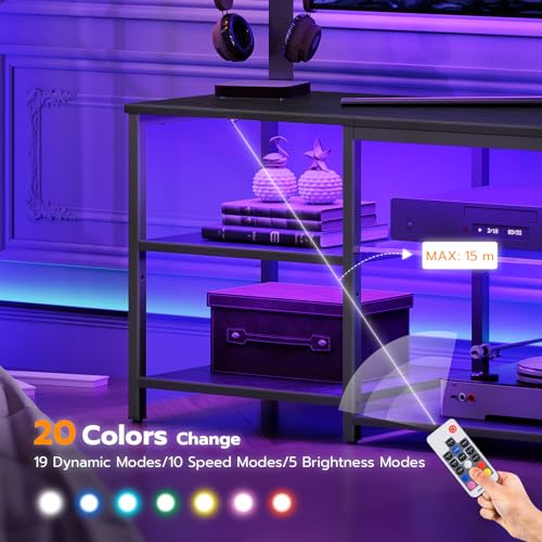HOOBRO LED TV Stand for 65 Inch TVs with Charging Station, Gaming Entertainment Center with 3-Tier Open Storage, Long Media TV Console Table, TV Stand for Living Room, Bedroom, Black BB20UDDS01