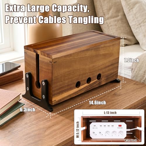 Extra Large Acacia Wood Cable Management Box, Pet Child Safe Cord Hider | Home Decor Cord Organizer, Sturdy Cable Hider Box for Power Strip, TV Wires, Desk & Floor & Office Under Desk Cable