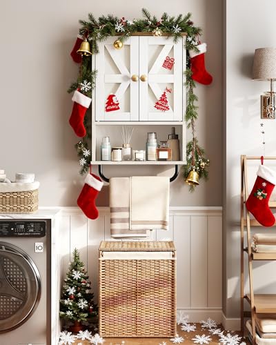 Bathroom Wall Cabinet, Medicine Cabinet with Open Partition and Towel Bar, Rustic Storage Cabinet with Open and Hidden Storage Space, for Bathroom, Living Room, Kitchen, White and Walnut