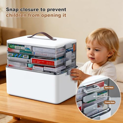MOPUP 4-Tier Medicine Craft,Sewing,Art,Organizer Storage,Portable Latch Bin with Lid and Leather Handle,Pill Bottle, First Aid,Multipurpose Organizer with Removable Tray,A Household Essential