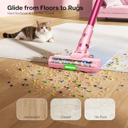 Trucozie Cordless Vacuum Cleaner, Self-Standing Lightweight Stick Vacuum with 50 mins Runtime, Powerful Suction, Anti-Tangle Wireless Vacuum for Home, Hardwood Floor, Carpet, Pet Hair, Pink